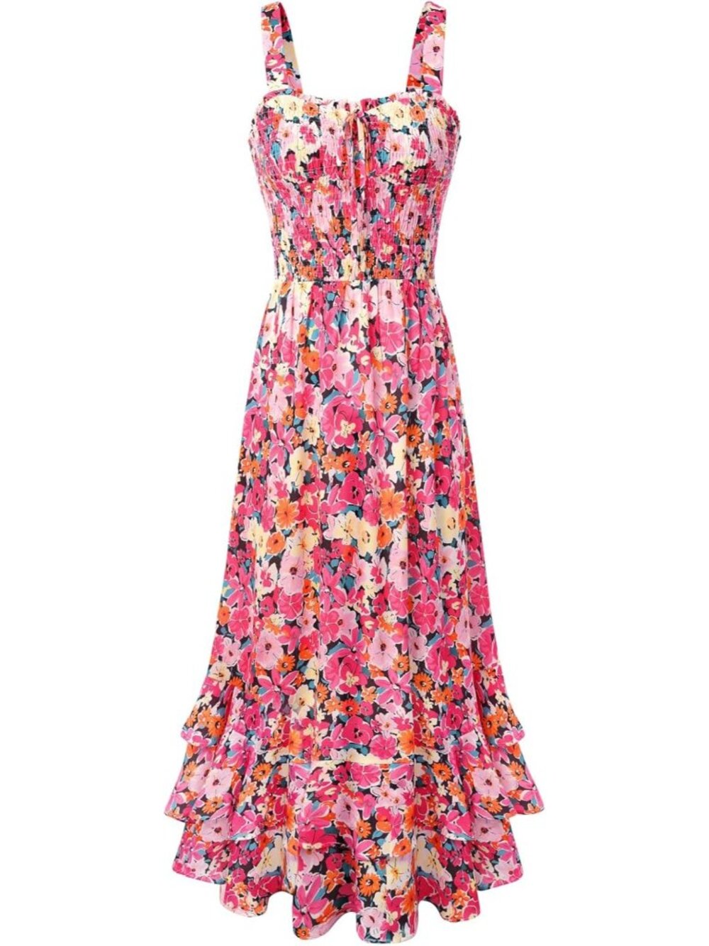 Women's Pink Orange Square Neck Strapped A LINE Floral Boho Long Maxi Dress